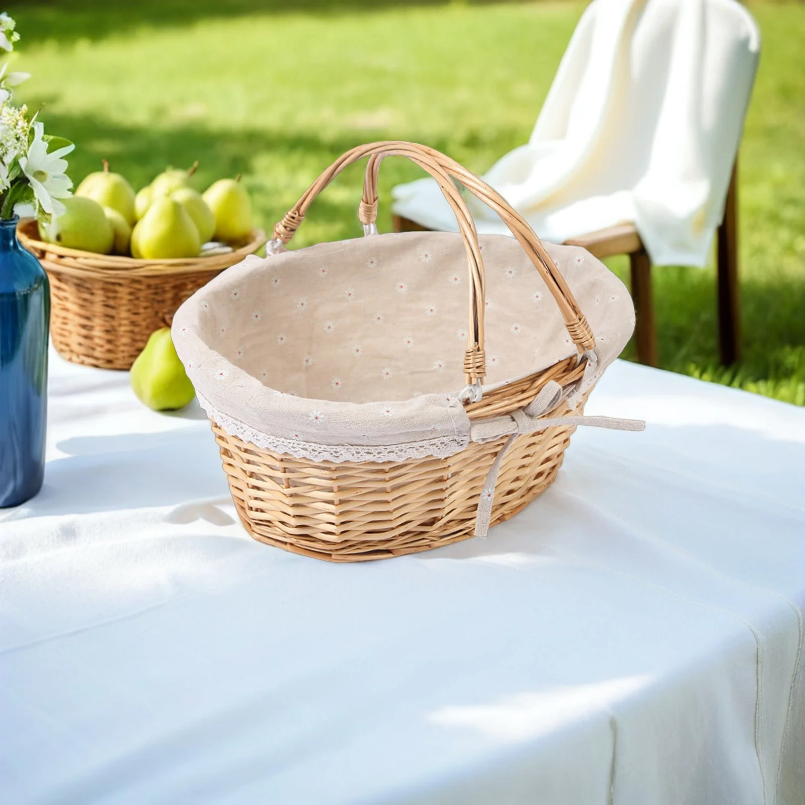

Storage Basket Woven Rattan Handle Picnic Basket for Flower Girl Vegetable Outdoor Home Decor