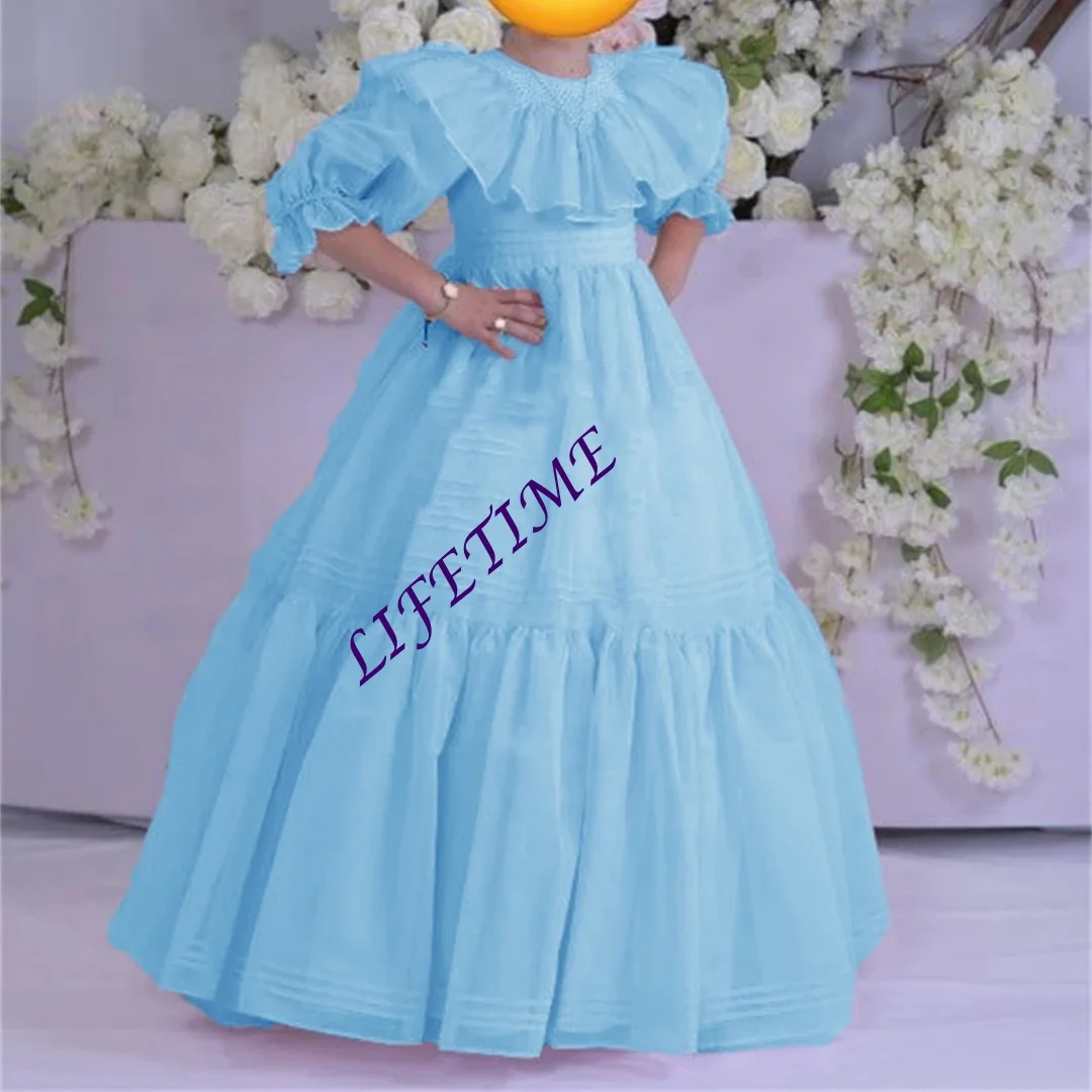 Principessa O Collo Piega Manica a sbuffo Una linea Abito da ragazza di fiori Lunghezza pavimento Formale Elegante Classico Abito da prima comunione Personalizzato