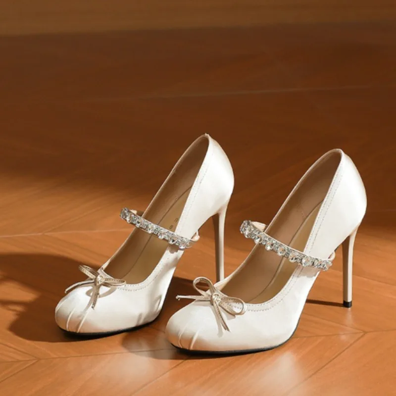 

Роскошная дизайнерская женская обувь, модные туфли на высоком каблуке с круглой головкой и стразами для женщин, элегантная повседневная обувь во французском стиле, Zapatos Mujer