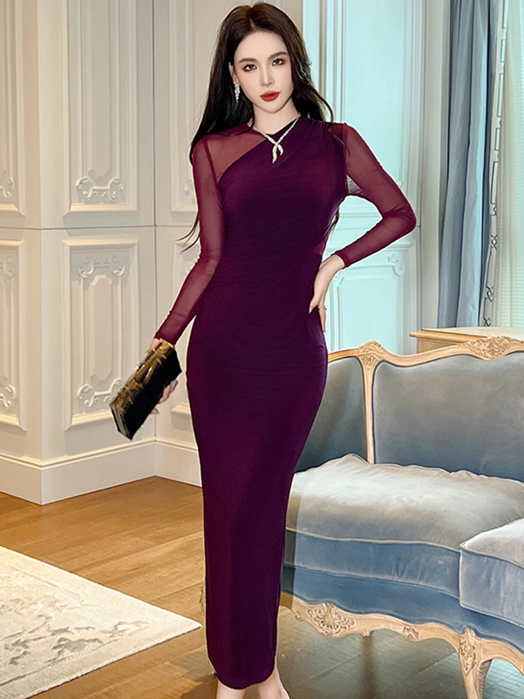 

New Ladies French Elastic Mesh Stretchy Long Dresses Mujer Women Elegant Long Sleeve Skinny Midi Vestido Fashion Robe Party Prom