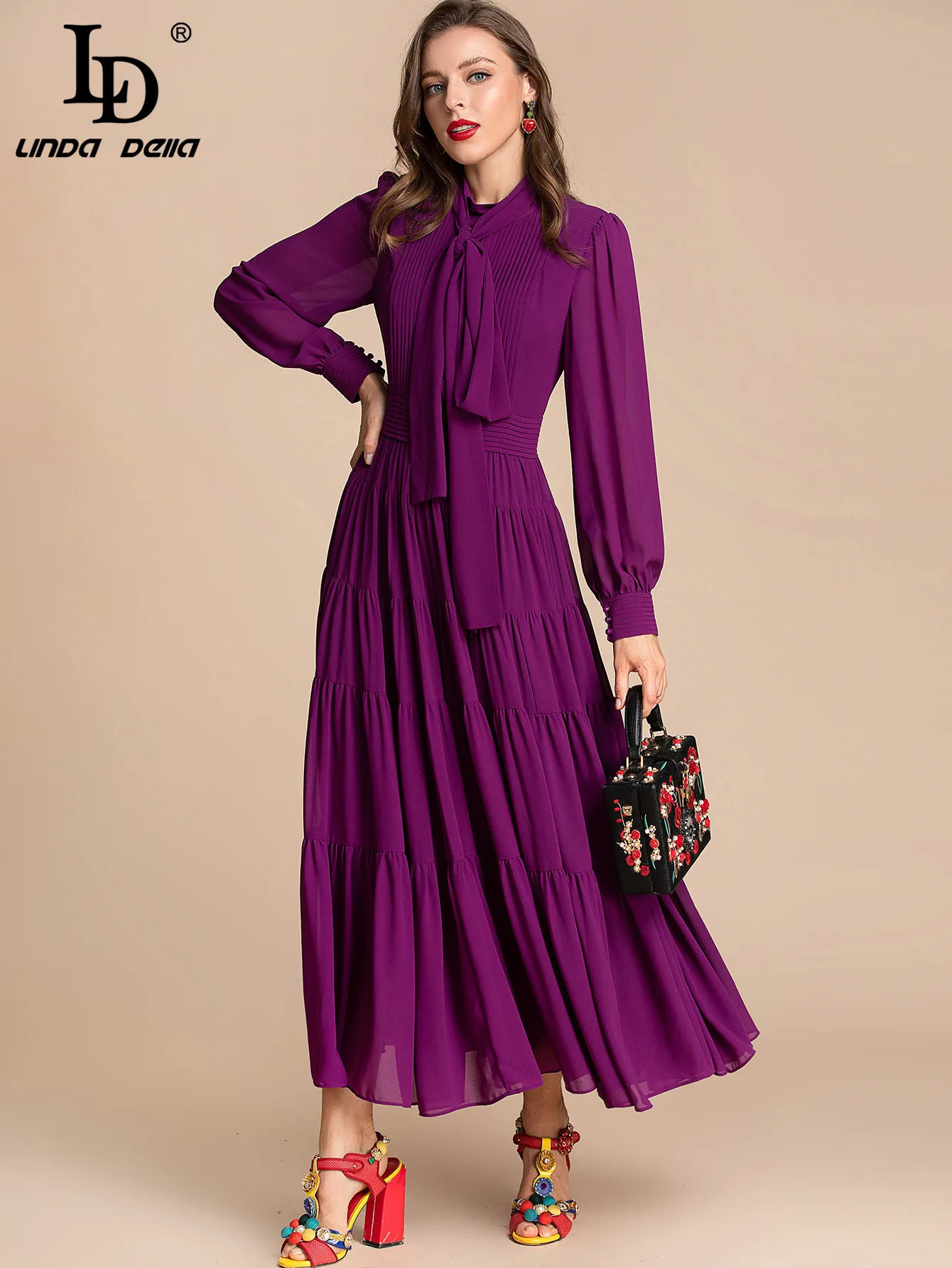 LD LINDA DELLA Fashion Runway Autumn Maxi Dress Women Bow tie Long sleeve Purple Elegant Long Party Dress Vestidos