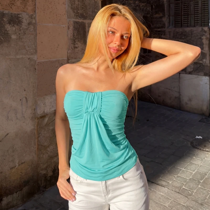 Hugcitar Modisches Trägerloses Einfarbiges Gerafftes Drapiertes Sexy Crop-Top für Damen, Sommerliche Freizeitkleidung, Streetwear, Party- und Urlaubs-T-Shirts – Detail 12