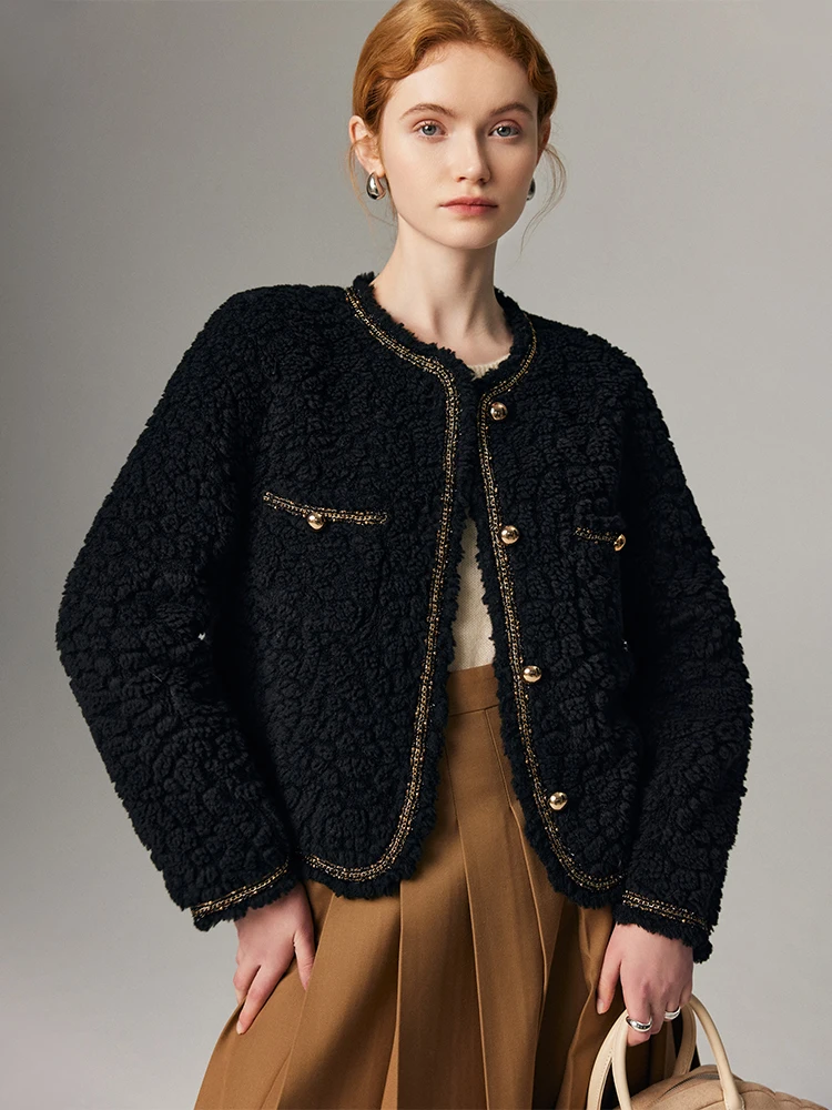 

Женское пальто из натуральной овчины с мехом, дизайнерское, пушистое, кожаное, для повседневной носки, свободного кроя, с длинными рукавами, круглым вырезом горловины