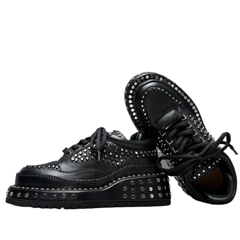

Motorcycle Style Casual Shoes for Men's British Original Heavy Metal Rivet Design Board Shoes Thick Sole Height Increasing Shoes