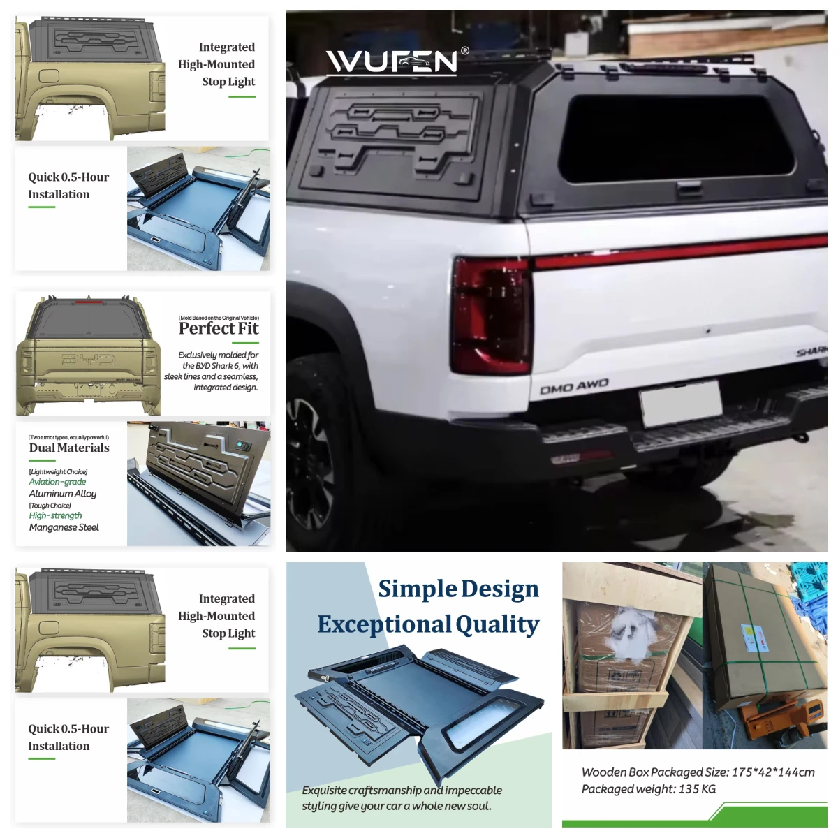 

Wufen Aluminum Alloy Waterproof Lockable Hard Top Cab Height Canopy with Easy Installation Shark 6 Pickup Truck Bed Cover
