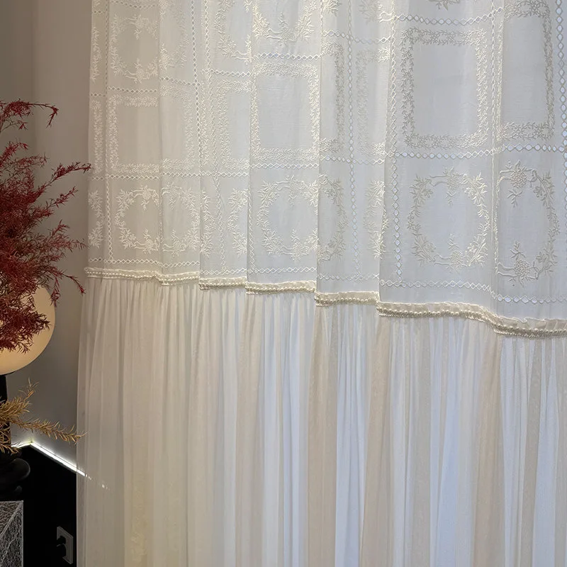 French Embroidery Mesh Curtain with Hollow Diamond Embroidery Pearl Lace Window Screen Living Room Bedroom Partition Curtain