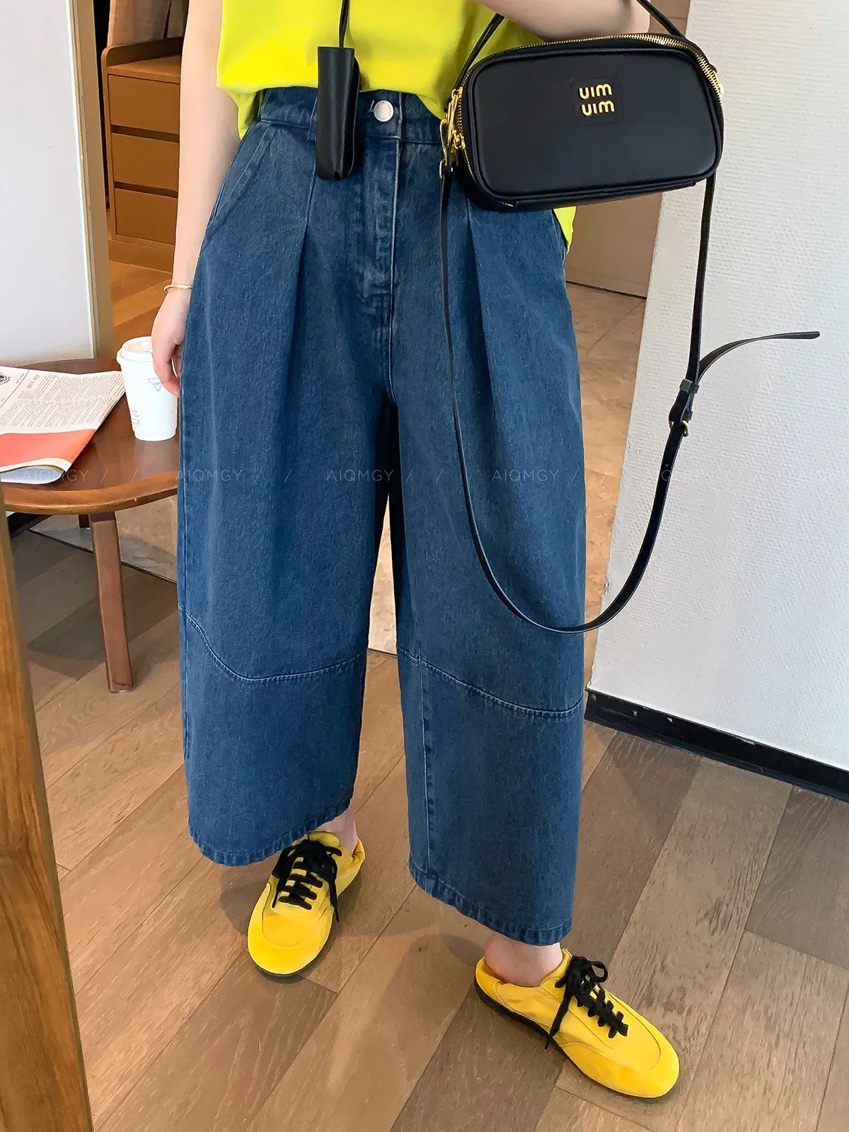 

High Waist Wide Leg Blue Jeans Women's Spring New Style Love Devil Fish Slimming Nine Point Casual Zipper Pocket Wear Resistant