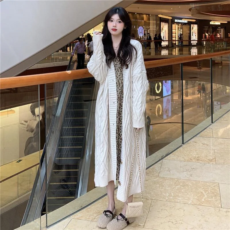Korean  Medium Length Sweater Coat  Women  Spring  Autumn New Versatile Loose Outwear Western style popular knitted cardigan