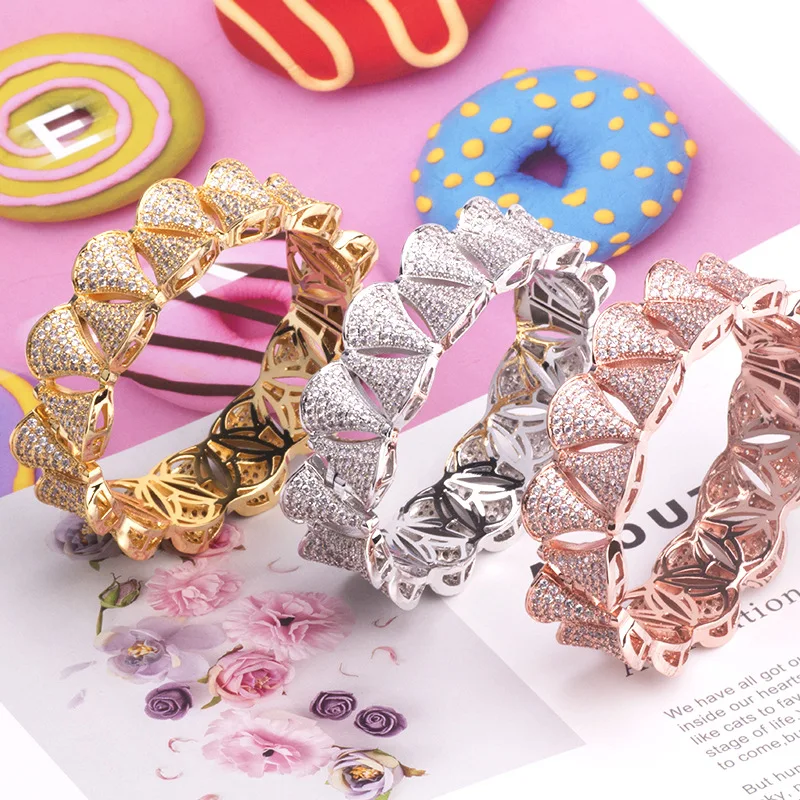 Europe America Fashion Style Ring Bracelet Women Lady Plated Gold Color Settings Full Zircon Fan-Shaped Bangle Jewelry Sets