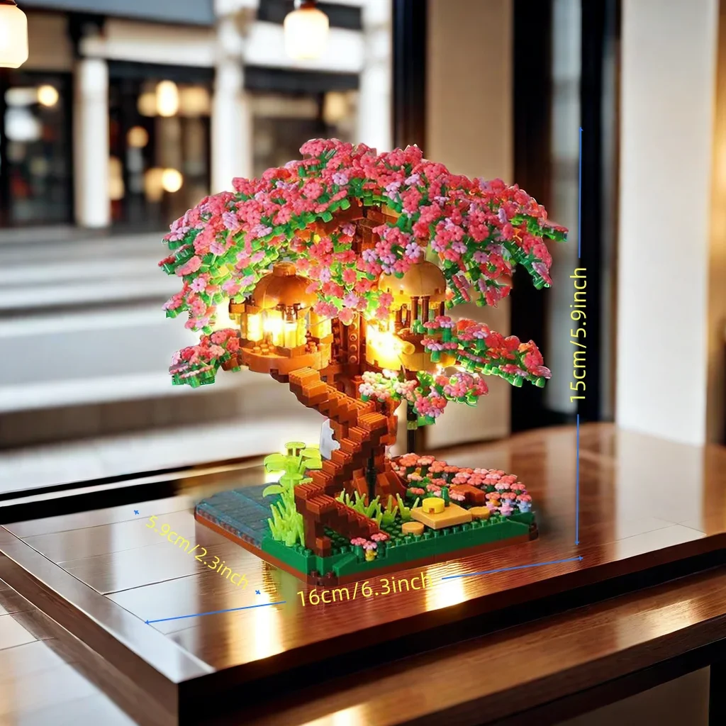 Sakura Tree Micro Blocks with LED Lights - Cherry Blossom Treehouse Model, 3D Romantic Night Glow Decor, Thoughtful Gift for Her