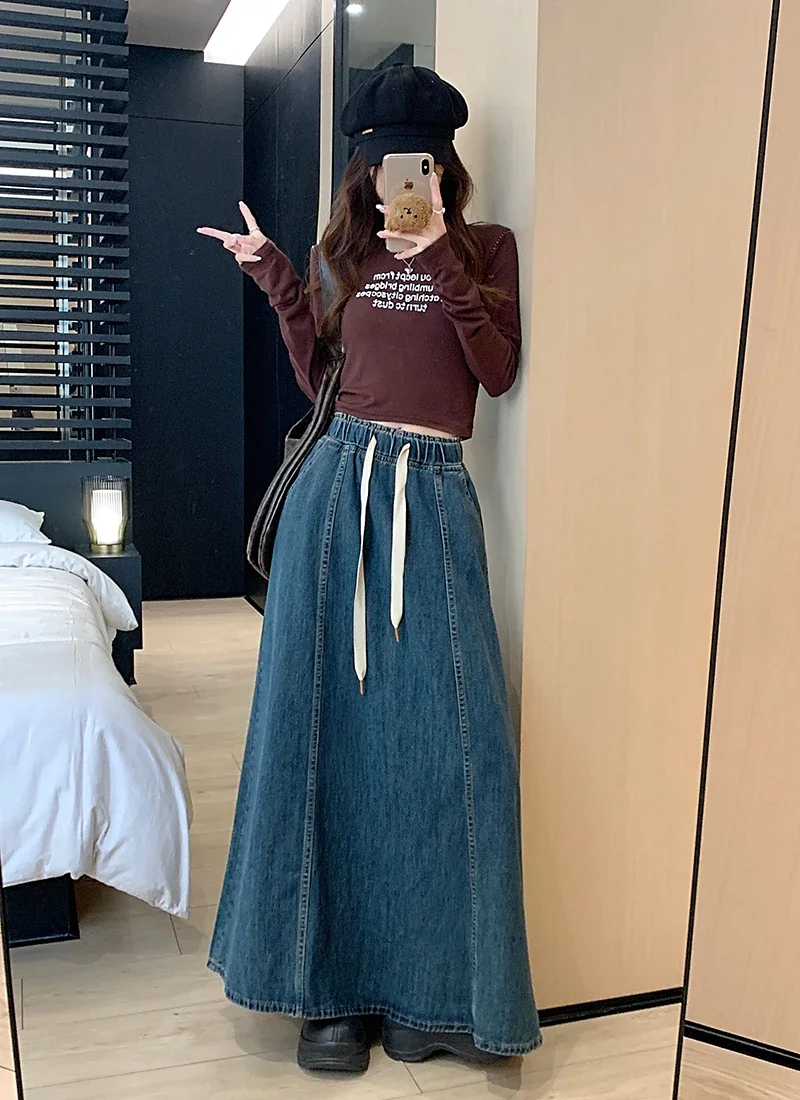 S-XL 2Colors Long Denim Skirt 2024 Korean Style High Elastic Waist  Lace Up A Line Ball Grown Long Jeans Skirts Style