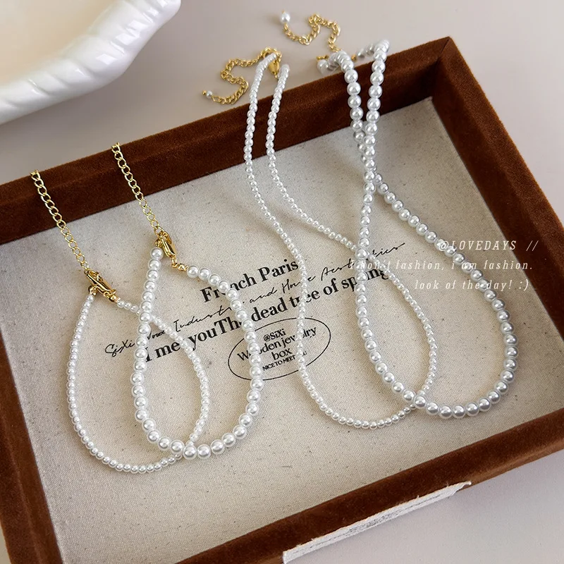 Faux Pearl Beaded Necklace and Bracelet Set French Minimalist Everyday Elegant Collarbone Chain Delicate Choker