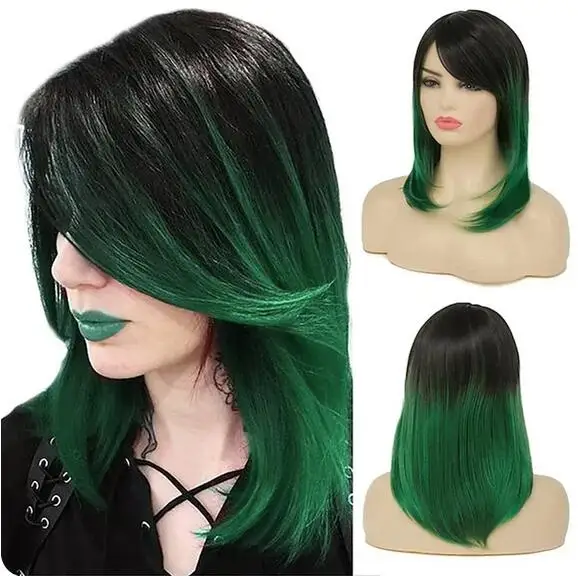 Synthetic Hair Women Ombre Black Red Wig Medium Long Straight Side Part Wigs