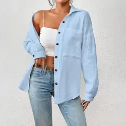 Women Casual Shirt Lapel Long Sleeve Button Down Top with Patch Pocket Solid Color Loose Fit Blouse Work Leisure Daily Wear