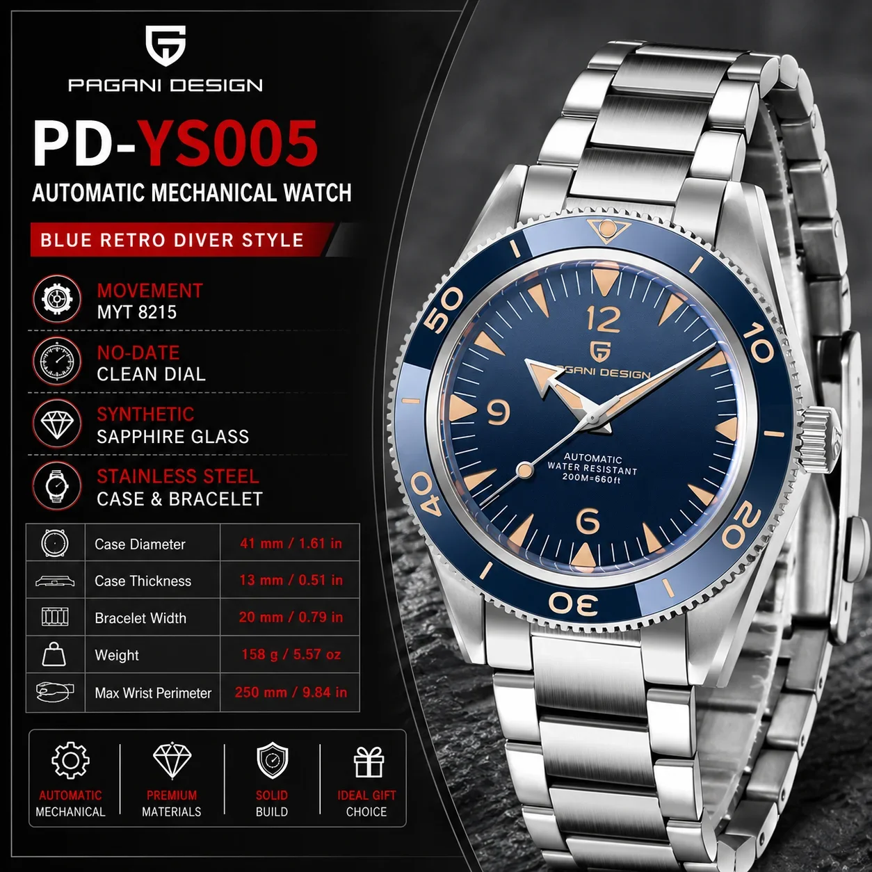 PAGANI DESIGN NH35/8215 Men Automatic Mechanical Watch V4 Stainless Steel Luxury Sapphire Waterproof 20bar Reloj Hombre