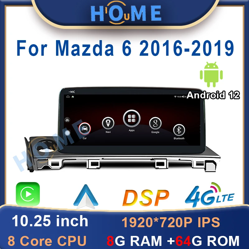 

2 Din 10.25 inch Android 12 8+64G Car Multimedia Player Radio GPS Navigation For Mazda 6 16-19 Stereo CarPlay Auto WiFi 4G Video