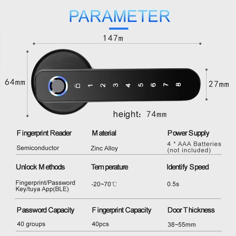 Imagem -04 - Wafu-tuya Smart Life Door Lock Aplicativo de Senha de Impressão Digital Bluetooth Desbloqueio Mecânico Porta de Abertura Direita ou Esquerda 017b