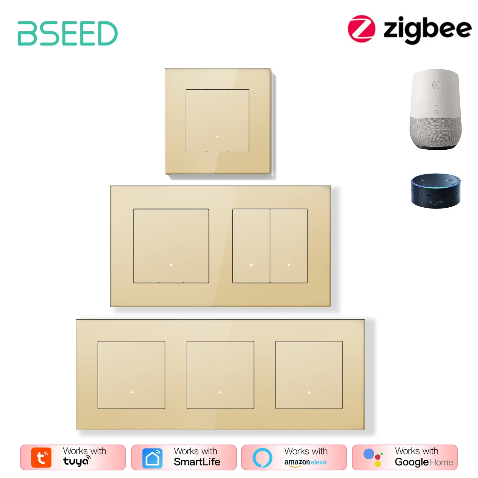 

BSEED ZigBee Click Switches Series Настенные умные выключатели света с желтой подсветкой Стеклянная рамка Переключатель приложения Tuya Стандарт ЕС