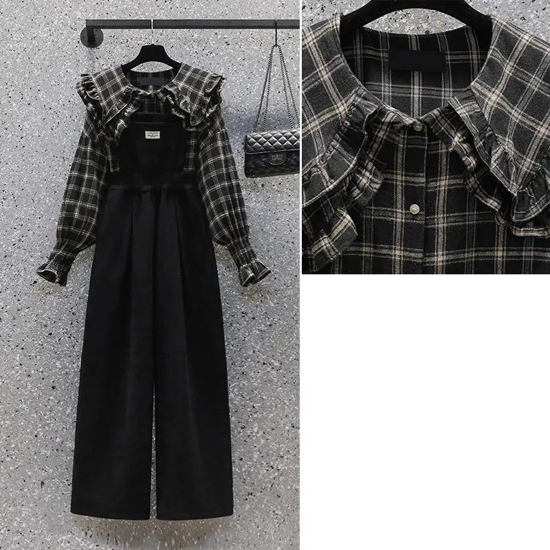 (M-4XL) Women\'s Preppy Style Spring Autumn Casual 2 Piece Pants Set Lady Korean Student Plaid Shirts Black Overalls Outfits 2023