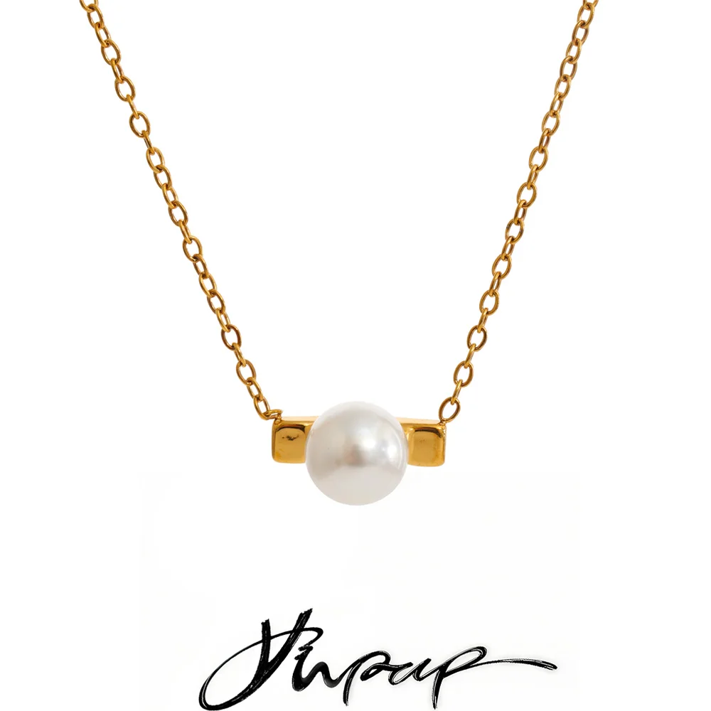 Yhpup Stainless Steel Simulated Pearls Round Drop Necklace Stain Less Metal Korean Chic Daily Collar Jewelry Gift
