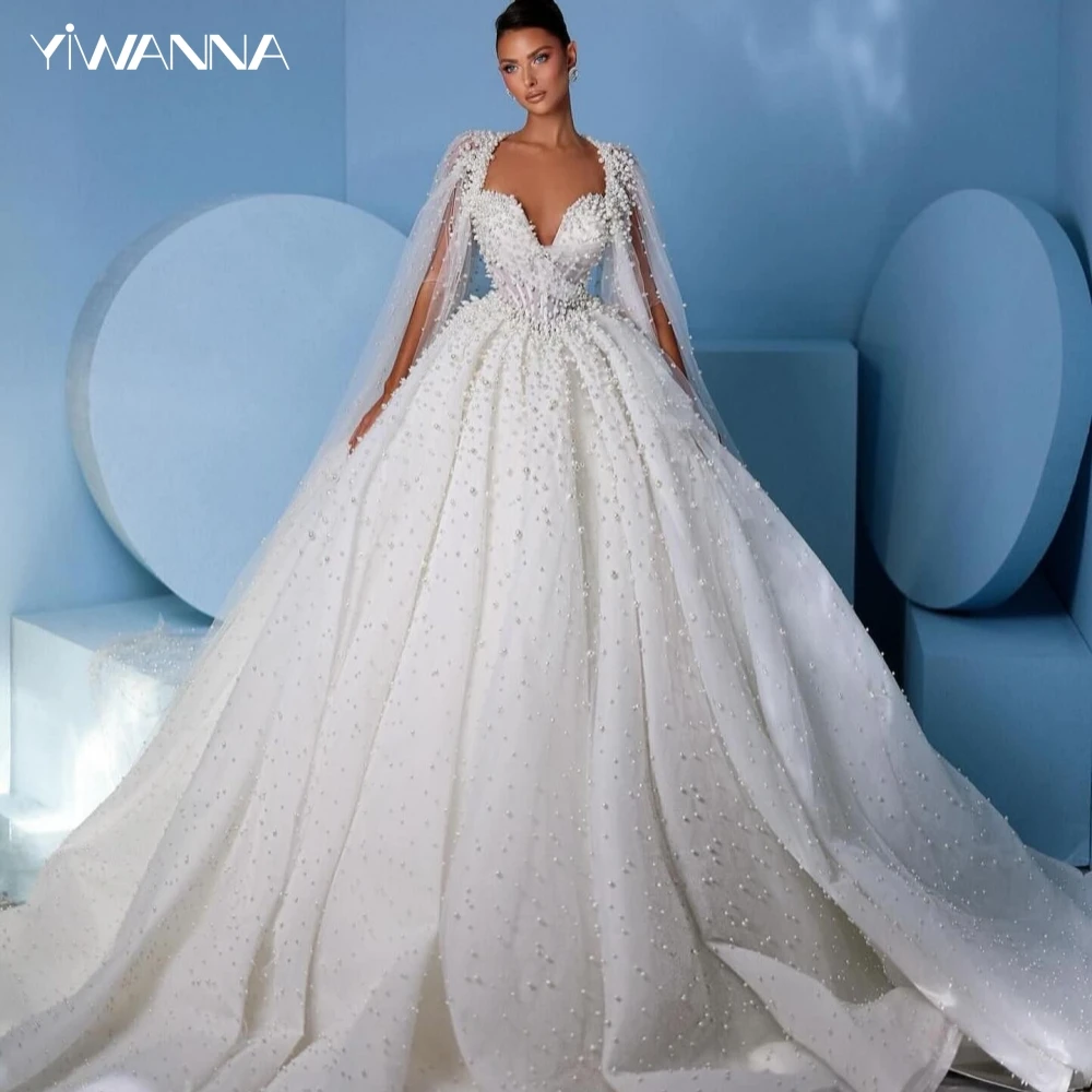 Luxury Shiny Pearls Wedding Dress Sexy Deep V-neck Bride Robe With Jacket Graceful Ball Gown Long Bridal Gown Robe De Mariée