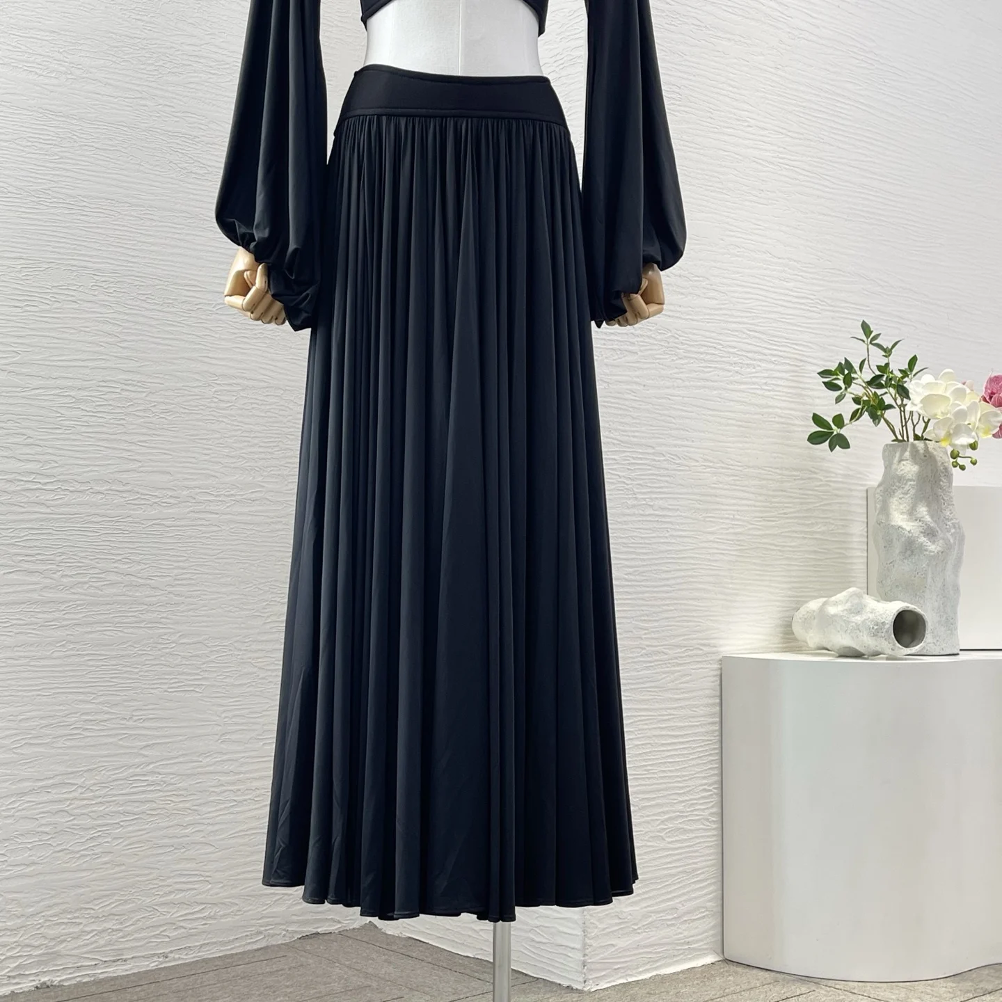 

2025 Black Long Sleeve Blouse Tops and Midi Skirt Set for Women