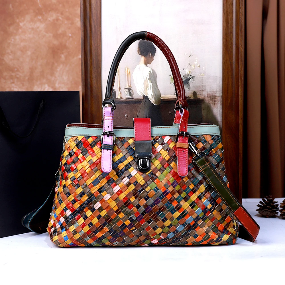 

Woven bag, genuine leather women's bag, colorful retro casual lock clutch bag, multi-layered single-shoulder crossbody bag