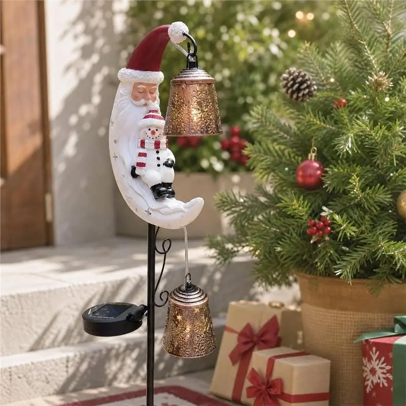 Year-Round Sale Waterproof LED Moon Light Solar Powered Christmas Santa& Snowman Half Moon Garden Stake For Outdoor Pathway Ligh