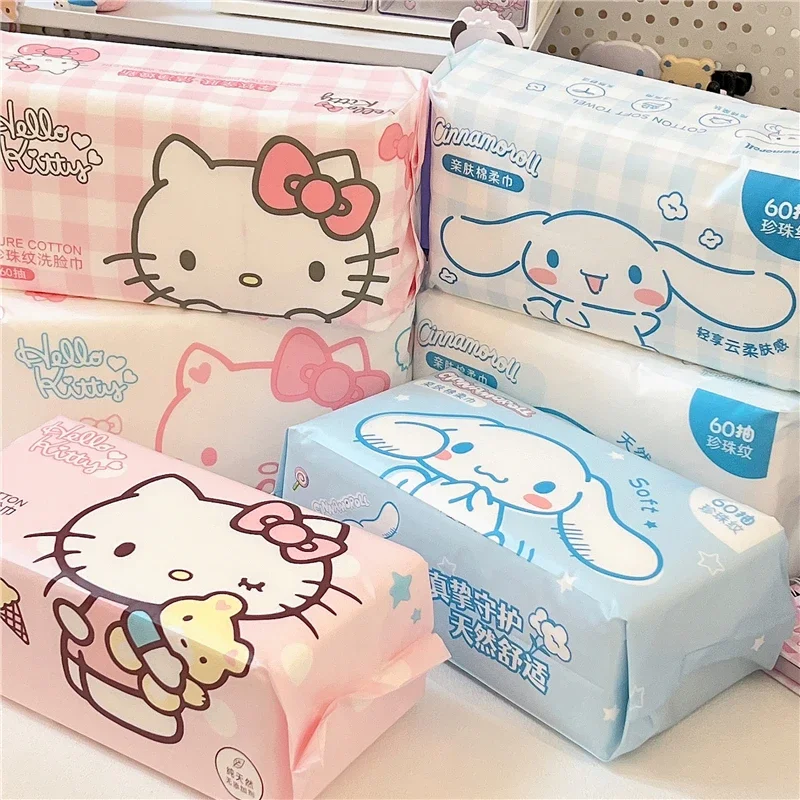 Kawaii Sanrio Hello Kitty Pure Cotton Disposable Face Cleaning Towel Make-up Tissue Wet Student Soft Paper Bathroom for Girls