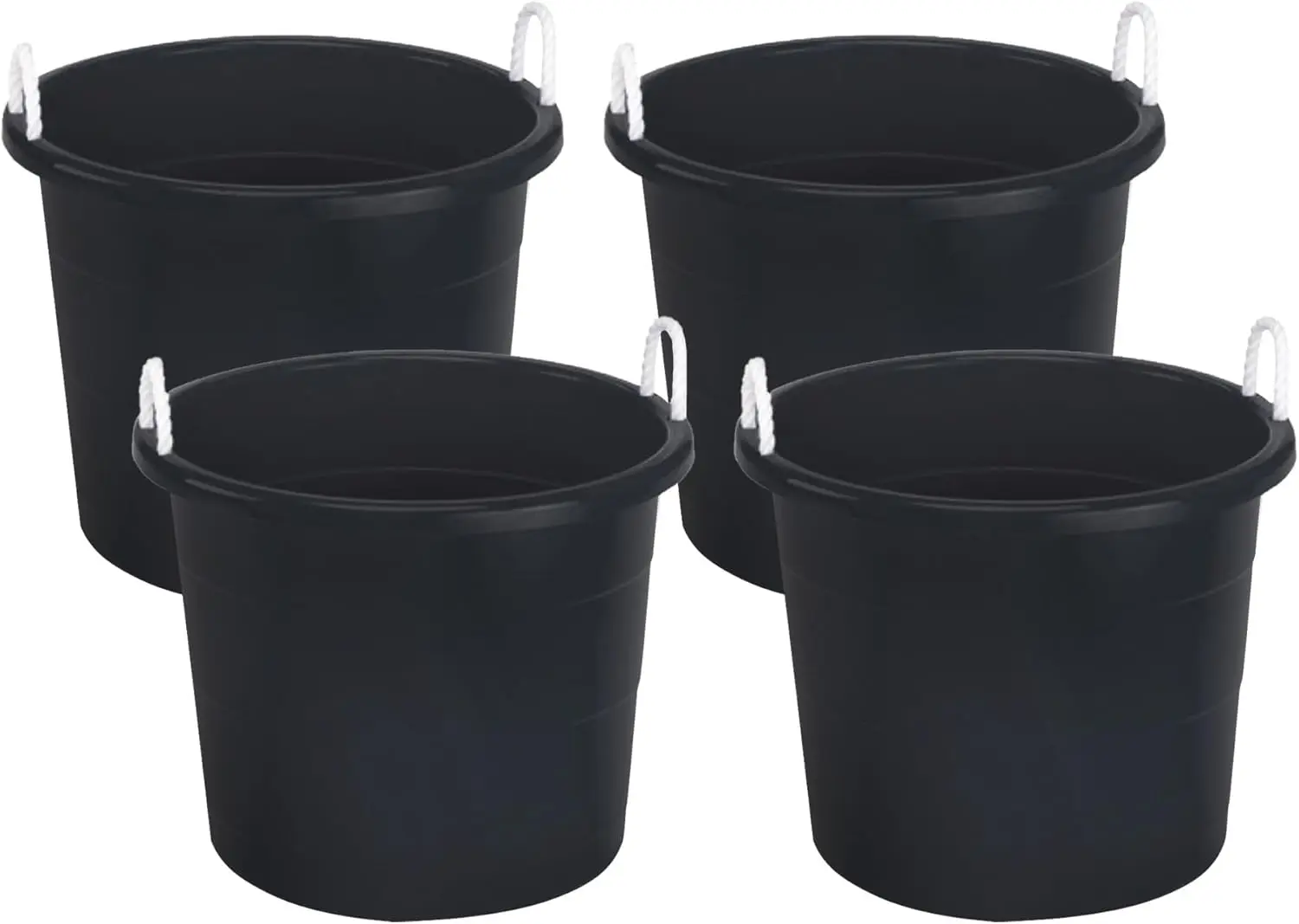 Durable Plastic 17 Gallon Stackable Round Utility Storage Container Bucket Tub with Strong Nylon Rope Handle, Black (4 Pack)