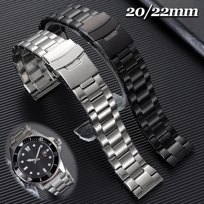 Bracelet de montre en acier inoxydable pour Seiko et Rolex, bracelet de montre à extrémités plates, métal, 20 mm, 22 mm, boucle pliante, bracelet de poignet