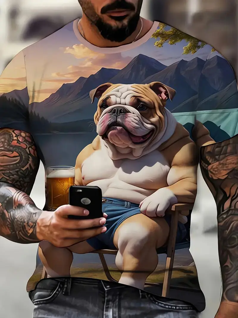 3D Bulldog Drinking Beer Pattern T shirt Fashion Funny Men/Women Crew Neck Short Sleeve T-shirt Top Novel Summer Man Casual Wear