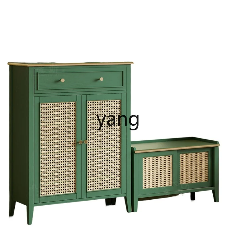 

xyy rattan shoe changing stool retro green solid wood sitting shoe cabinet storage stool household shoe stool