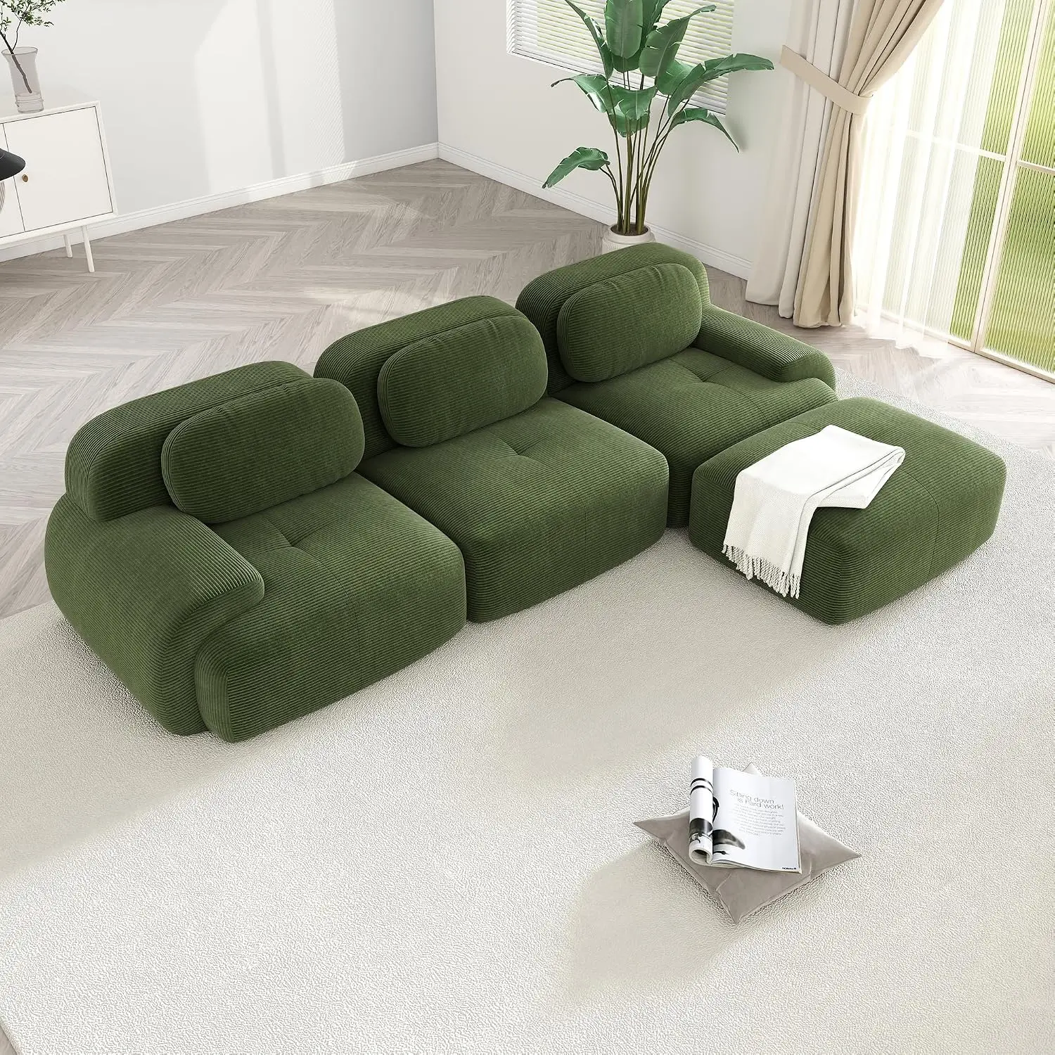 Modular Sectional Sofa Cloud Couch, Oversized L Shaped Deep Seat With Ottoman, Corduroy Green, No Assembly , Customized