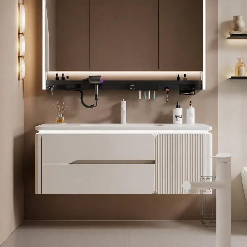 Cream Style Corian Integrated Basin Bathroom Cabinet Oak Veneer Arc Wash Table Ceramic Hand Washbasin Modern Vanity Unit