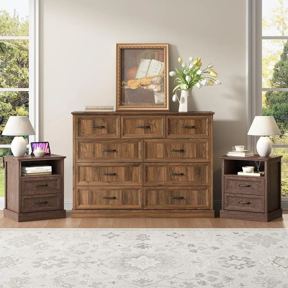 

3-Piece Solid Wood Bedroom Set: Dresser, 2 Drawers, Nightstand in Brown for Bedroom, Living Room, Entryway