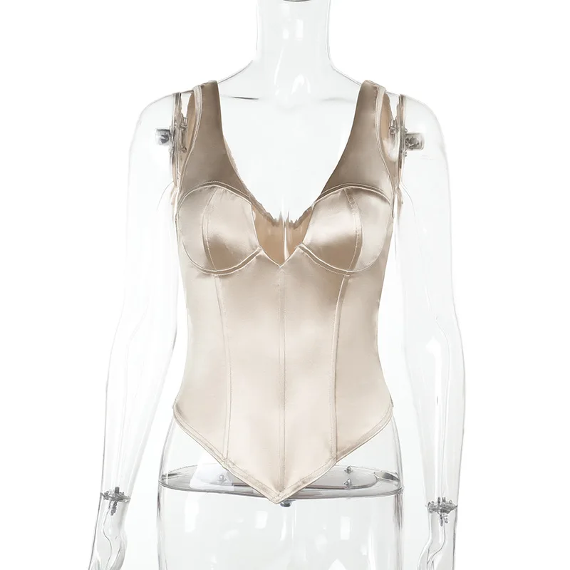 Champagne Satin Corset Tank Top Women's Summer