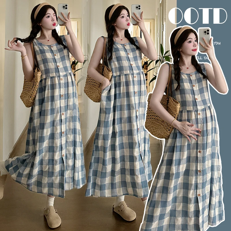 Summer Fashion Cotton Plaid Maternity Long Dress Sleeveless Loose Straight Clothes for Pregnant Women 24ss Y2k Youth Baby Shower