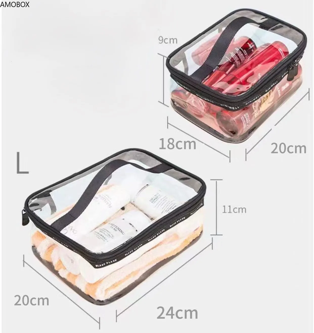 AMOBOX-Portable Clear Makeup Bag with Zipper, Waterproof Cosmetics Bag, Carry Pouch, with Handle for Vacation,Bathroom