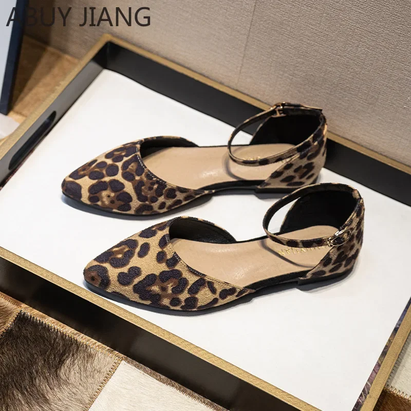 2024 New Sexy Leopard Single Shoes Women Pointed Shallow Mouth Buckle Hollow Shoes 41-43 Large Size