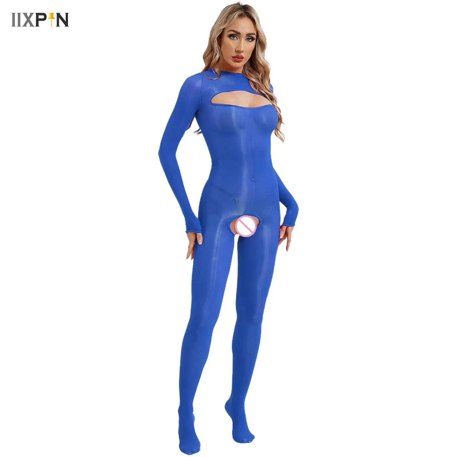 

Women Glossy See-Through Bodystockings Open Crotch Tights Long Sleeve Open Breast Crotchless Bodysuit Tempting Catsuit Jumpsuit