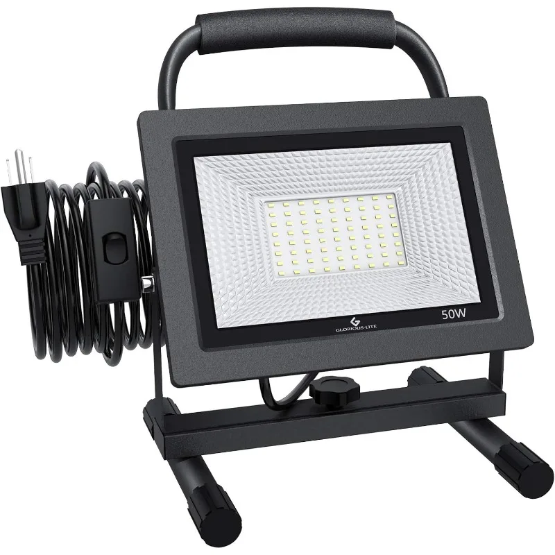 50W LED Work Light, 5000LM LED Flood Lights, 400W Equivalent, IP66 Waterproof, 16ft 5m Cord with Plug, 6500K, Adjustable