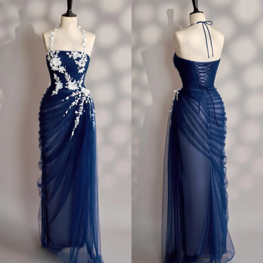

Customized Intricate Modern Style Tulle Handmade Flower Draped Straight Halter Long Dresses Bespoke Occasion Dresses Fashion