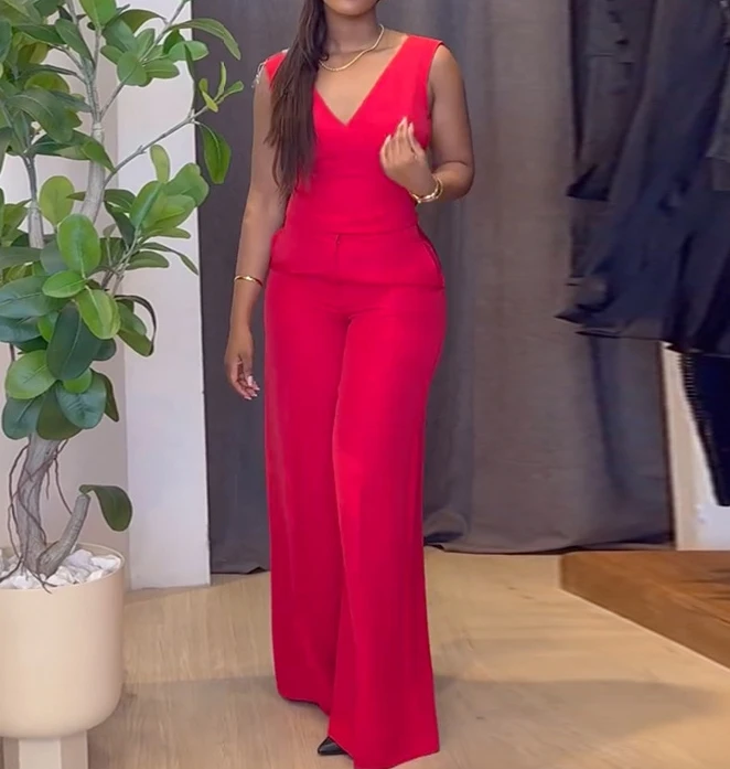 Elegant Two Piece Set for Women Casual trendy solid color backless bow tie vest top high waist wide leg pants set women's set