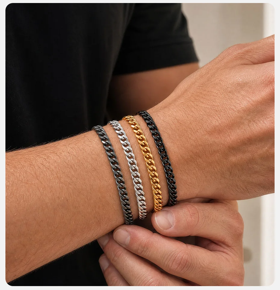 Vnox Herren Edelstahl Cuban Link Armband, Schwarz Gold Silber Grau Farbe Punk Kette Armband, Hip Hop Biker Schmuck Geschenk – Detail 3