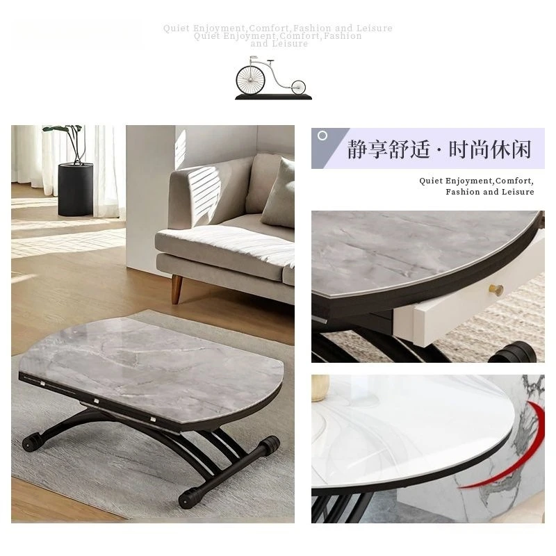 Multifunctional lifting coffee table small apartment round dining table dual-purpose lifting rock slab integrated living room