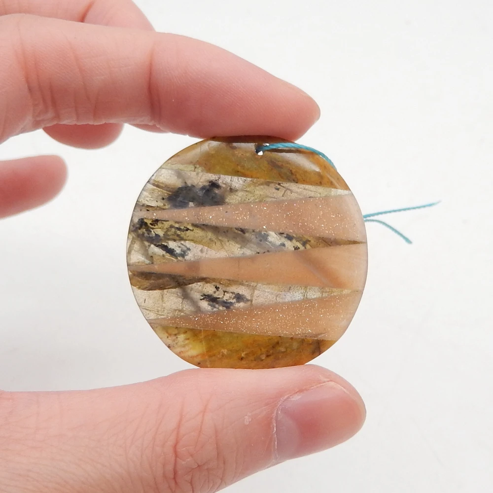 Natural Gemstone Intarsia Round Pendant Bead for Jewelry Making, Natural Gemstone, Labradorite, Sun Stone and Yellow Opal