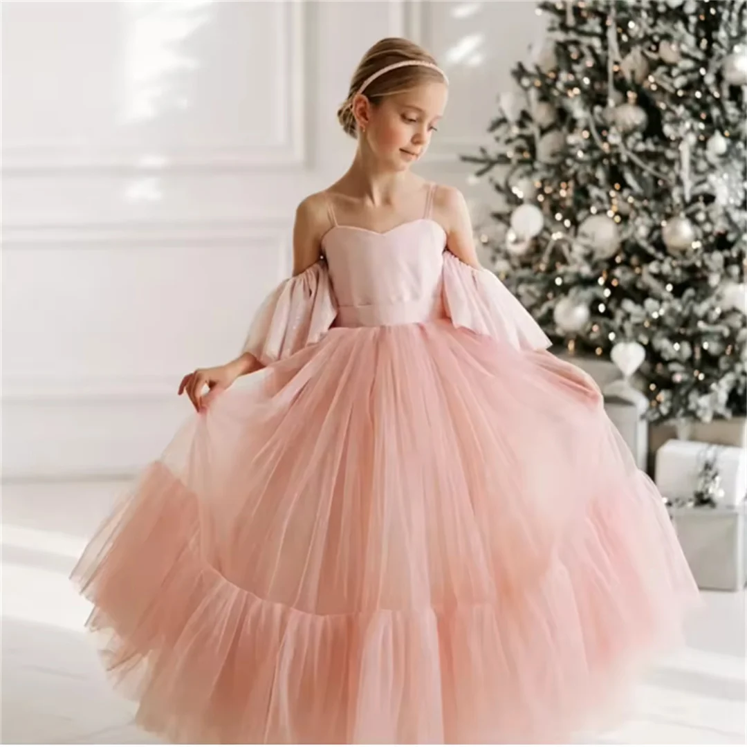Princess Pink Flower Girl Dresses for Wedding Tulle Puffy Sweetheart Kids Birthday Gowns First Communion Gowns Customized
