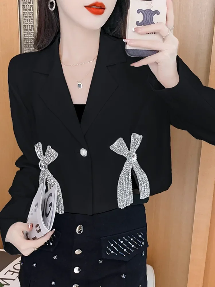 French Style Elegant Fashion Heavy Industry Diamond Bow Suit Collar Long Sleeve Single Button Short Jacket Top For Women Autumn