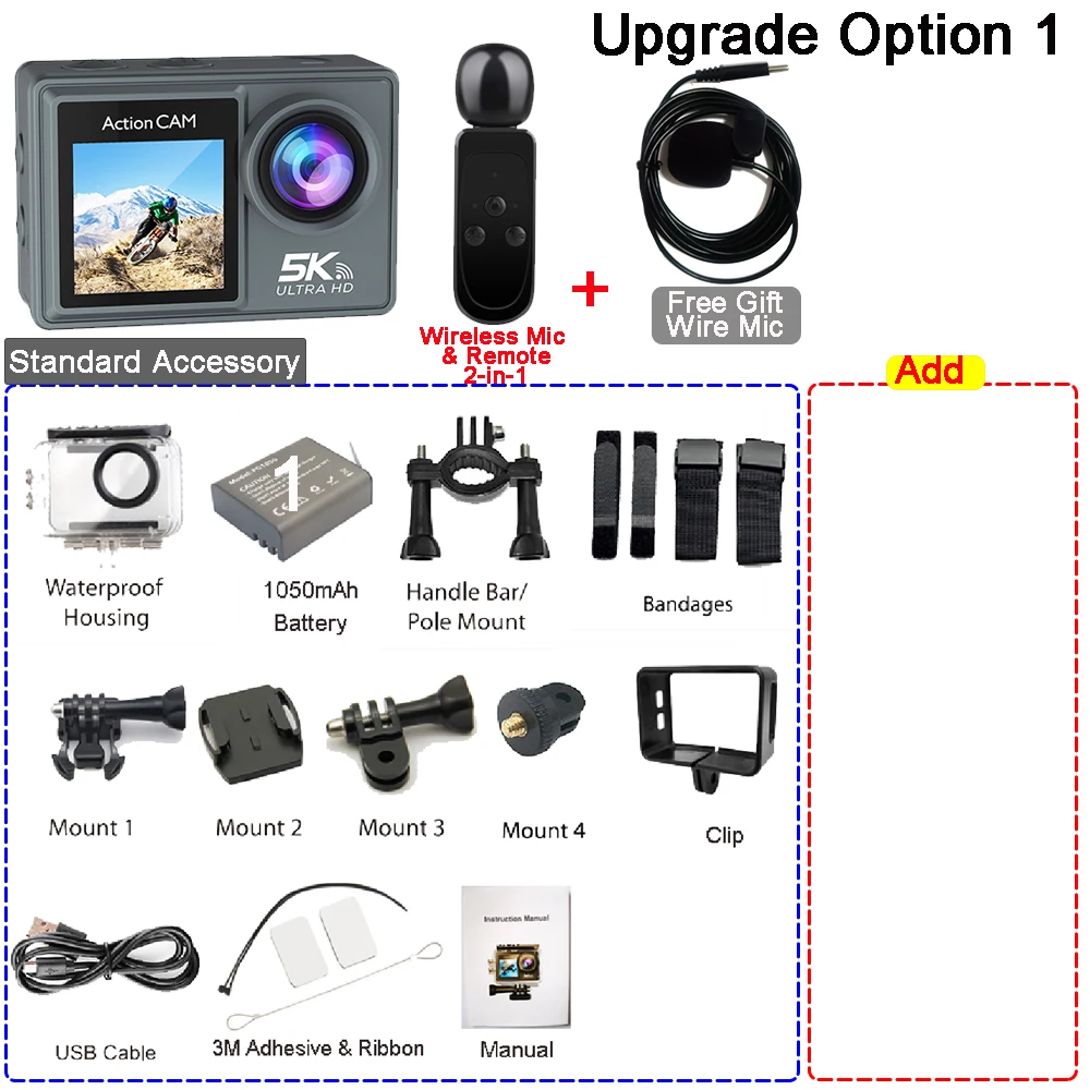 5K 4K60FPS actiecamera Dubbele IPS Touch LCD DVR EIS 170 °   30M waterdichte 5-x zoom sportcamera met draadloze microfoon en afstandsbediening